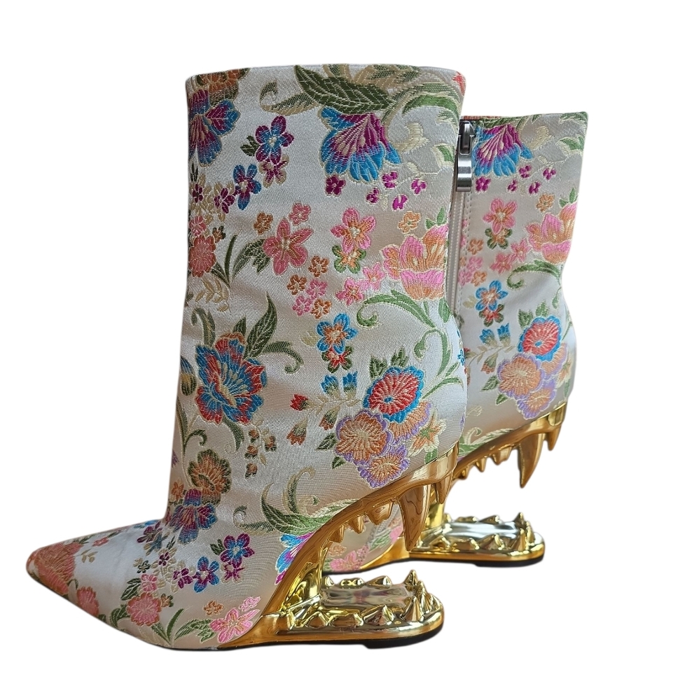Floral Embroidered Ivory Ankle Boots with Gold Sculpted Heels